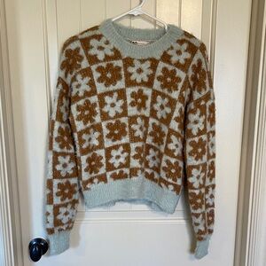 Floral Patterned Brown and Light Blue Sweater